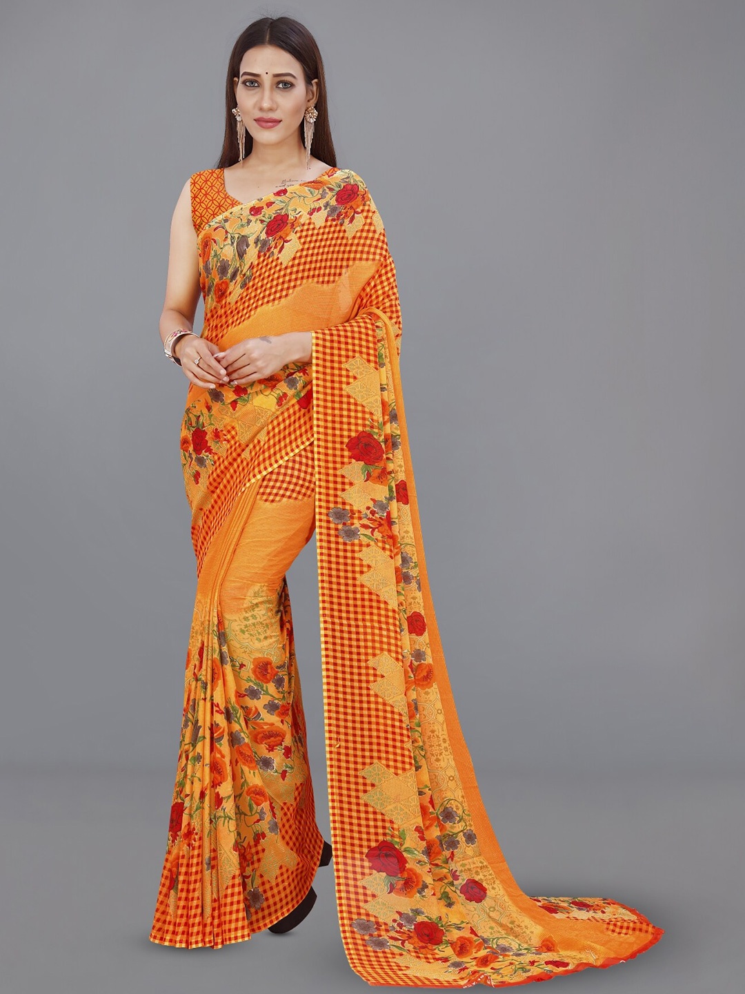 

ANAND SAREES Floral Poly Georgette Saree, Orange