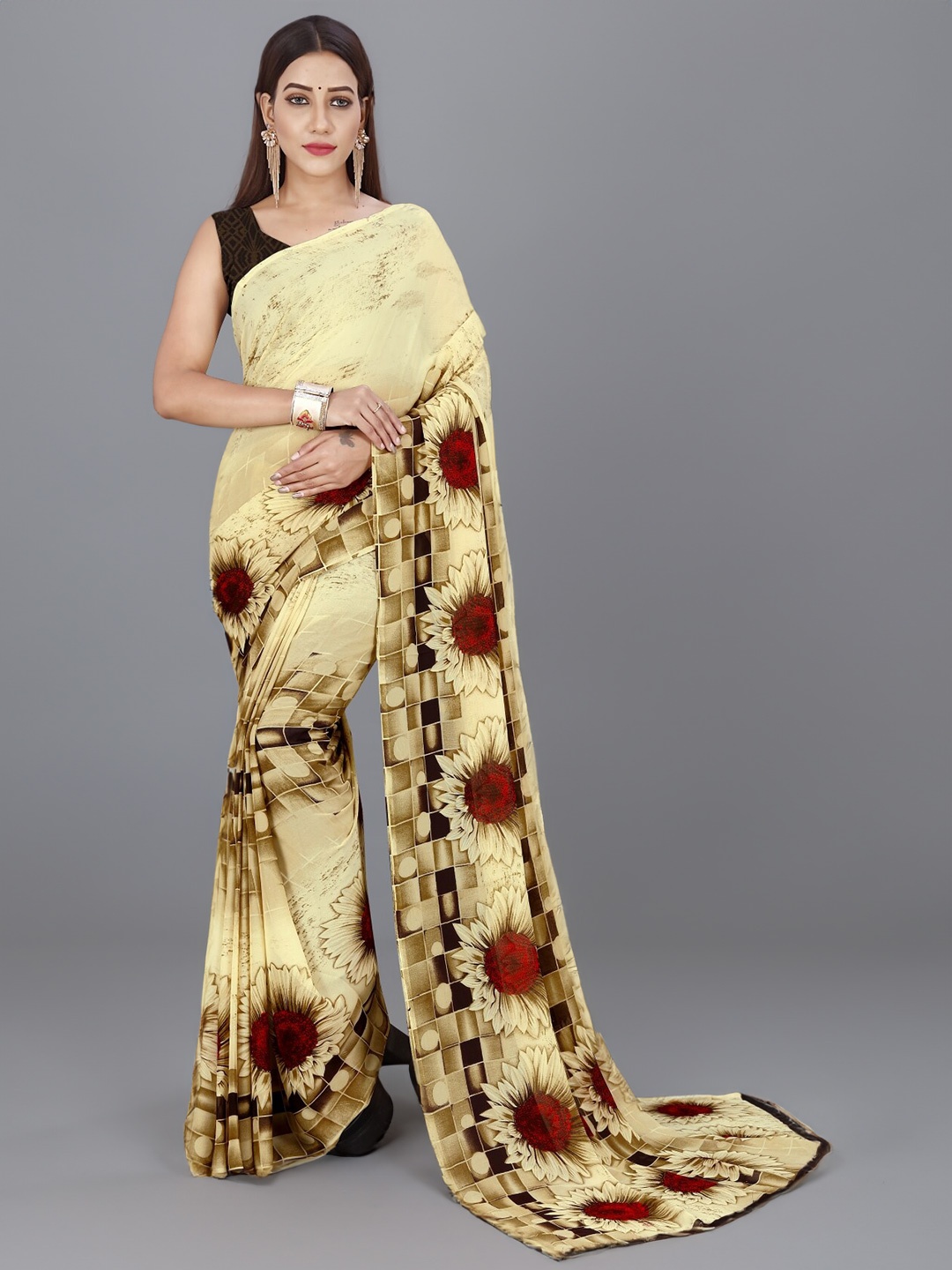 

ANAND SAREES Floral Poly Georgette Saree, Beige