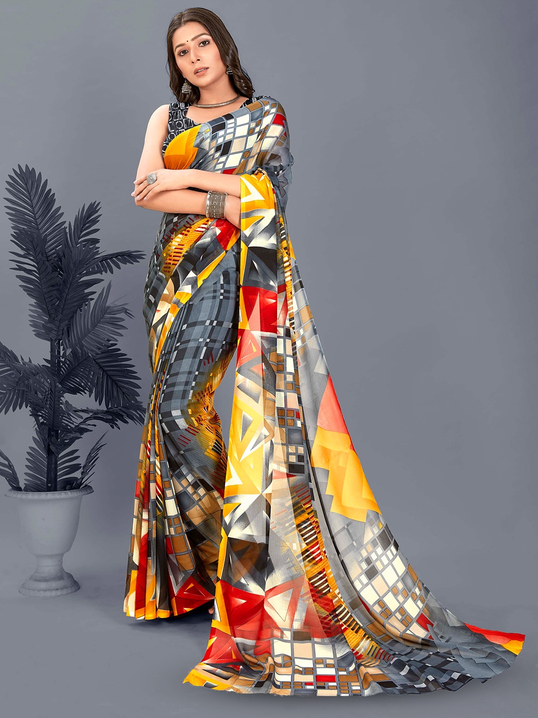 

ANAND SAREES Abstract Printed Saree, Grey