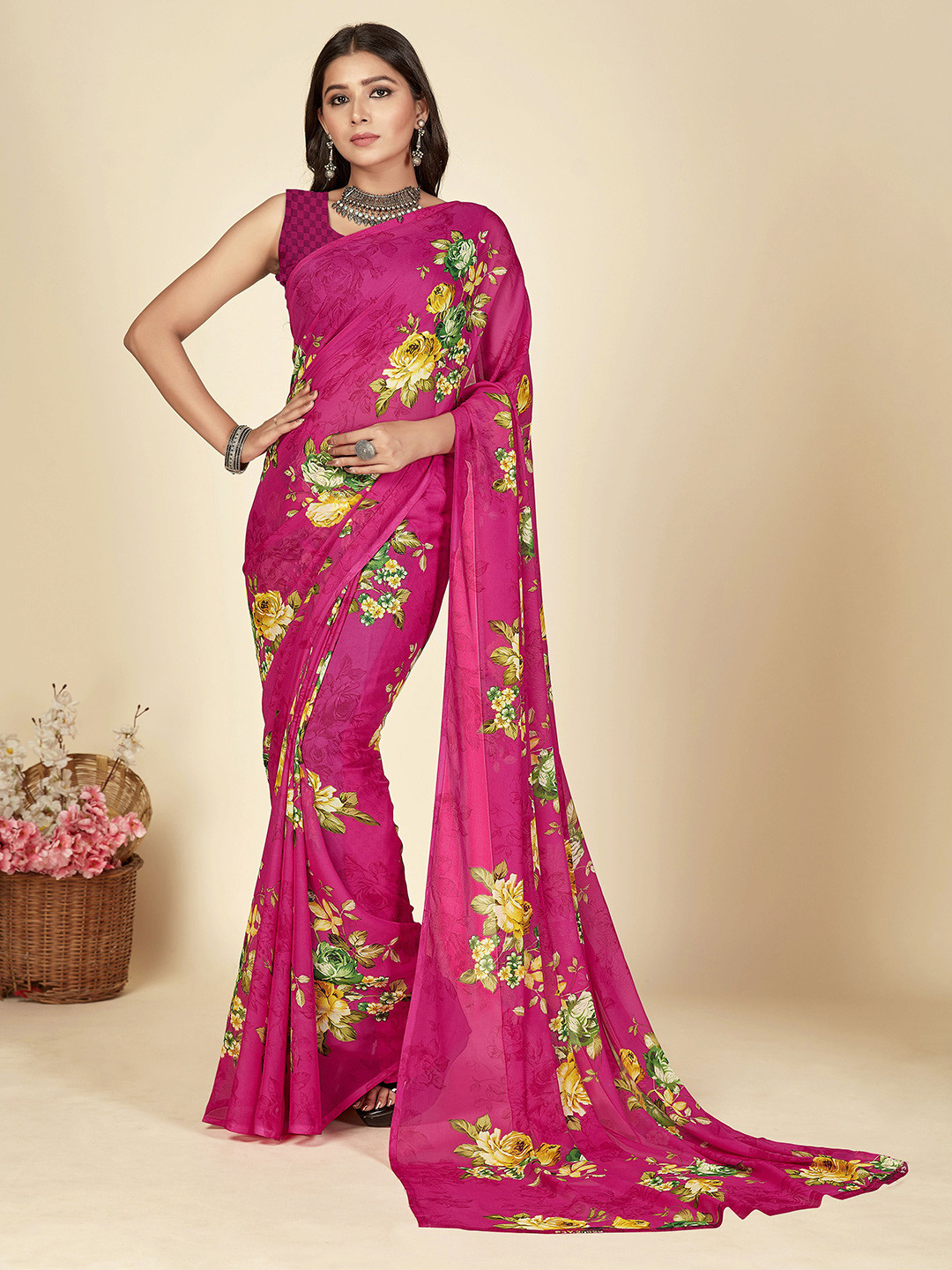 

ANAND SAREES Floral Poly Georgette Saree, Pink