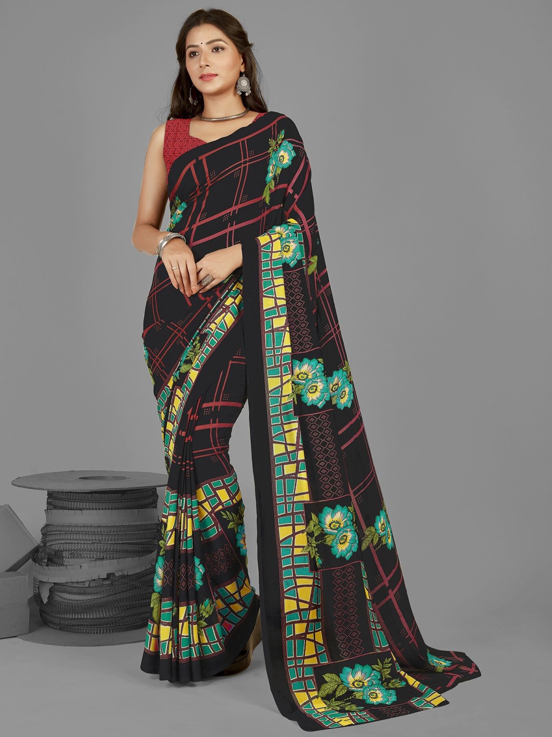 

ANAND SAREES Floral Poly Georgette Saree, Black