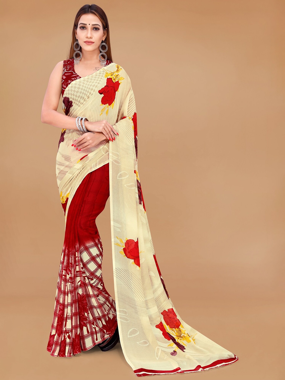 

Moda Rapido Floral Printed Half and Half Saree, Red