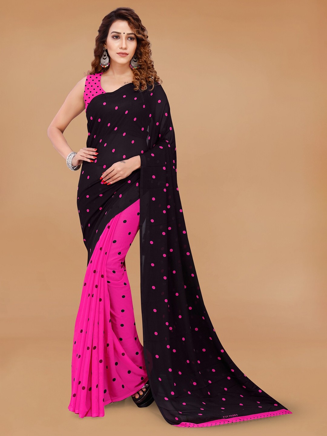 

Moda Rapido Polka Dot Printed Saree, Black