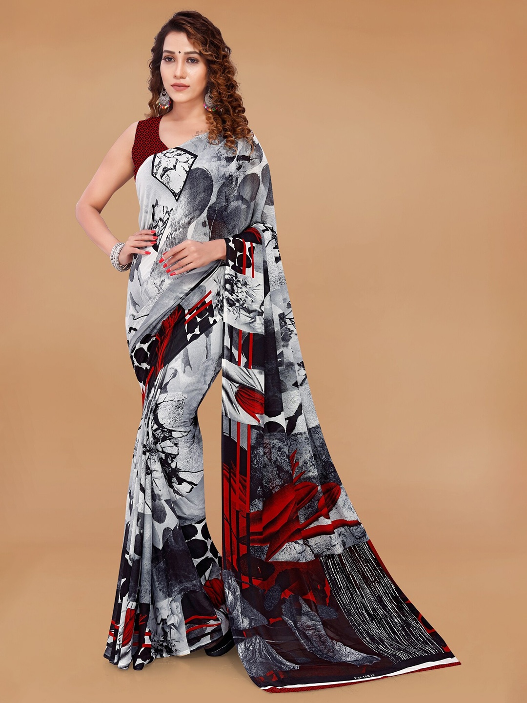 

ANAND SAREES Floral Poly Georgette Saree, Grey