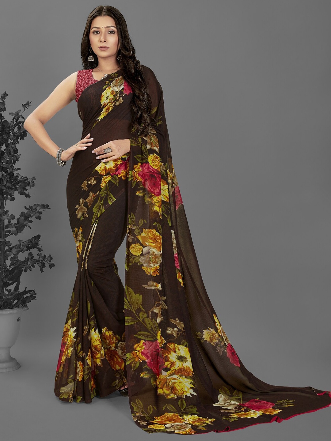 

ANAND SAREES Floral Poly Georgette Saree, Brown