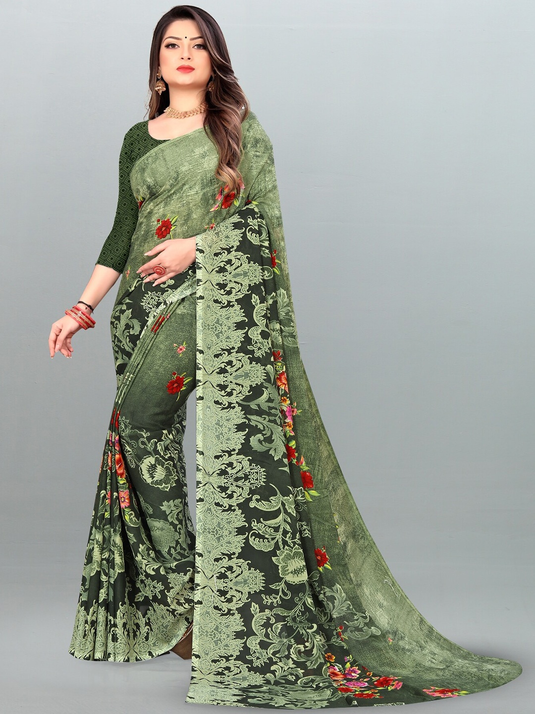 

ANAND SAREES Ethnic Motifs Poly Georgette Saree, Green