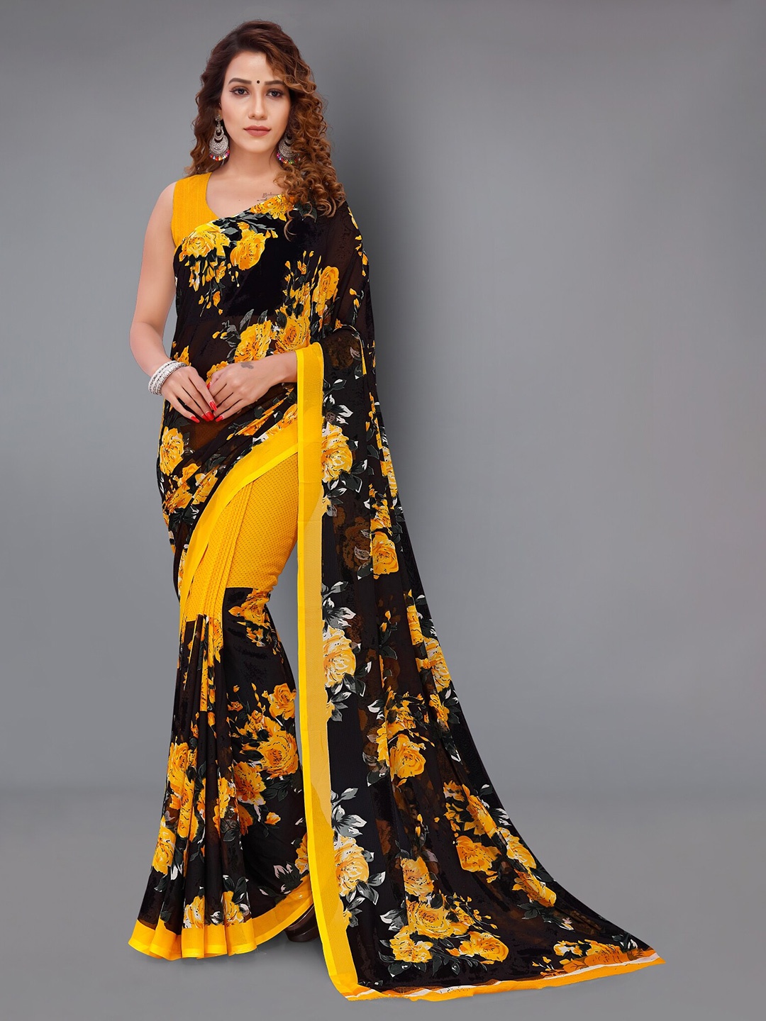 

Moda Rapido Floral Printed Saree, Black