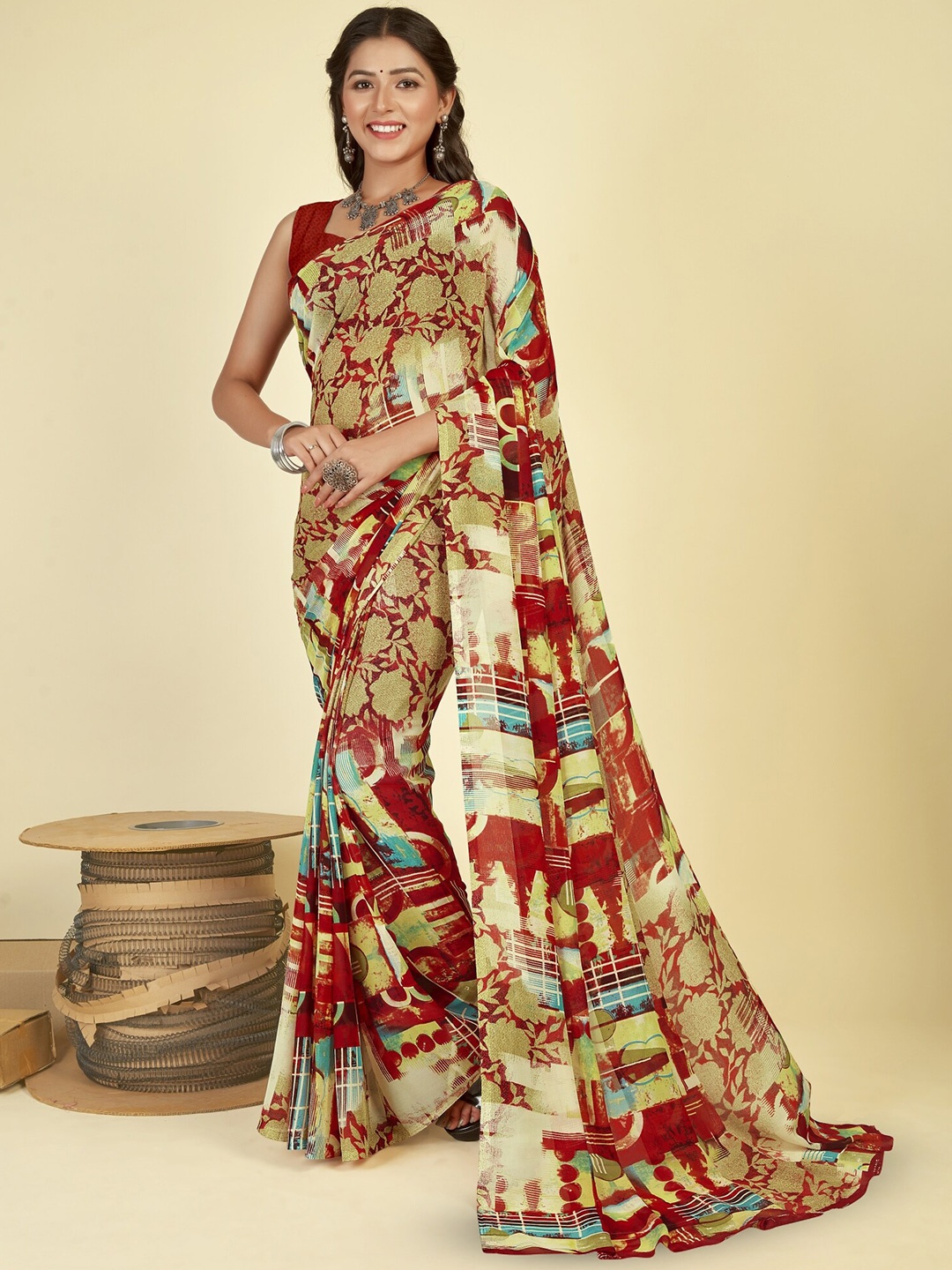 

ANAND SAREES Floral Poly Georgette Saree, Red