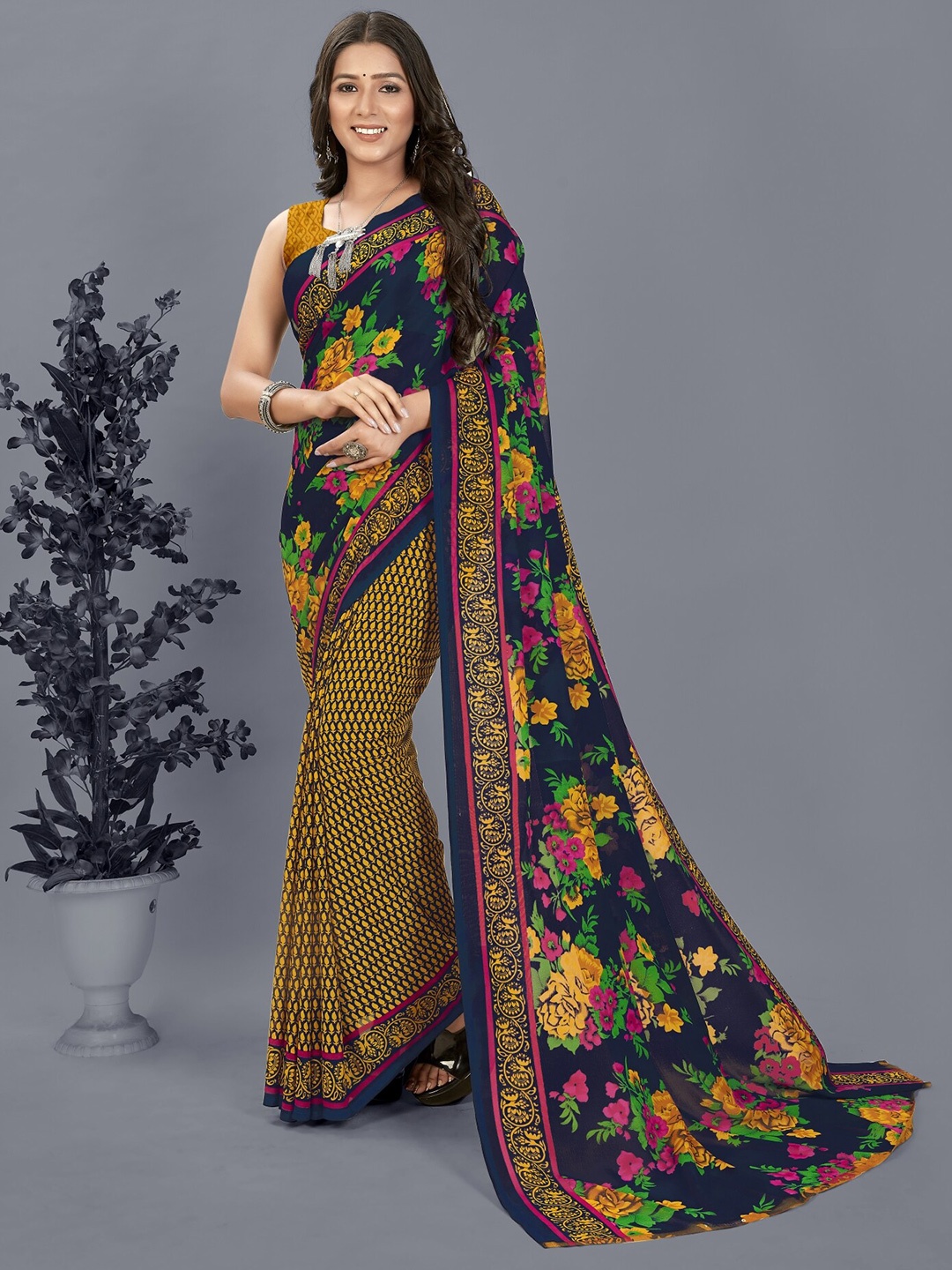 

ANAND SAREES Floral Printed Half and Half Saree, Blue