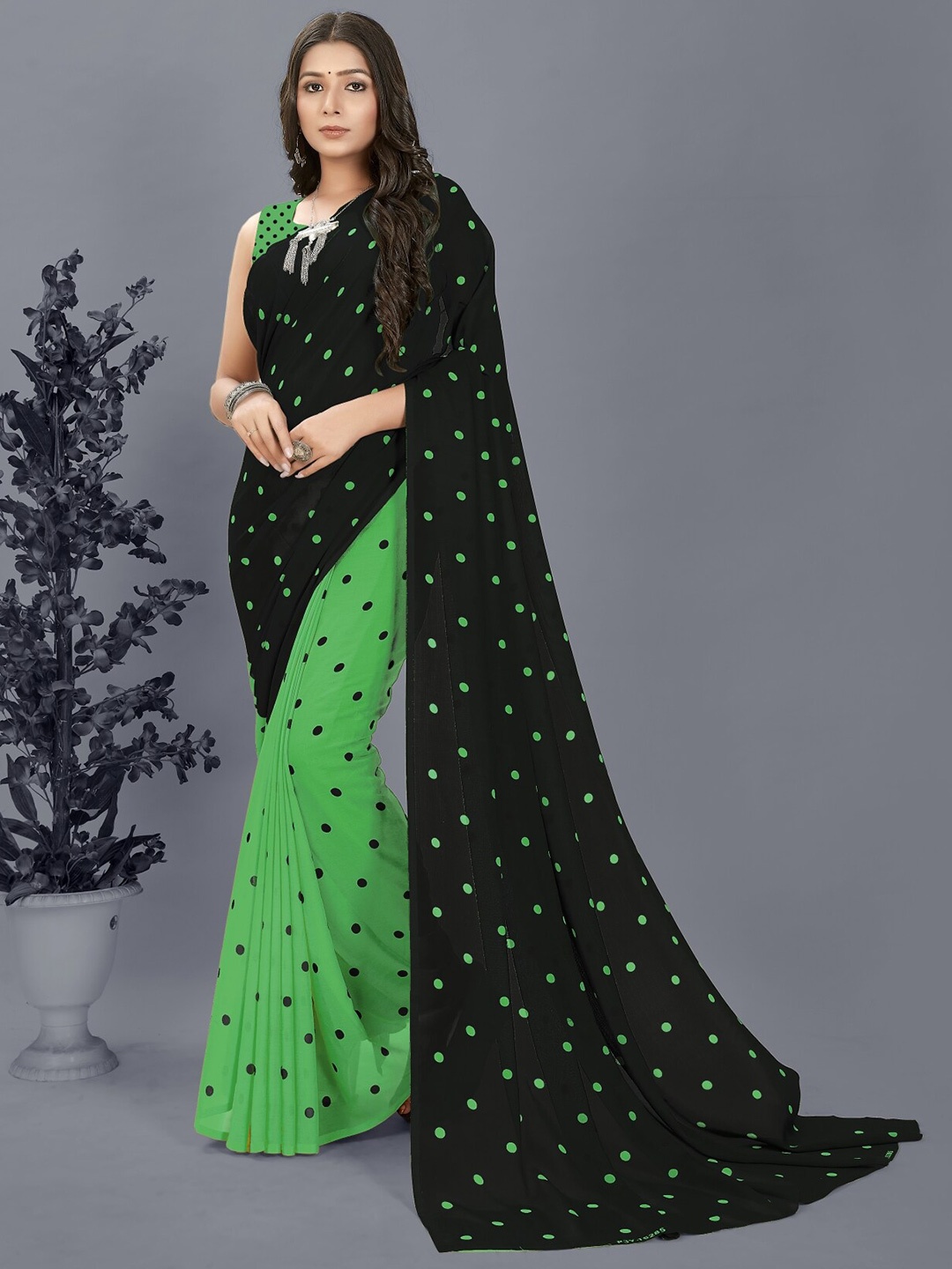 

ANAND SAREES Polka Dot Printed Half and Half Saree, Green