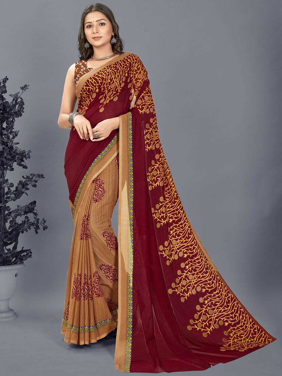 

ANAND SAREES Ethnic Motifs Poly Georgette Saree, Brown