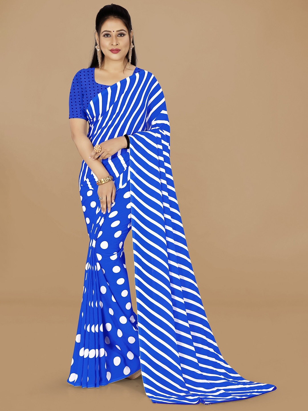 

ANAND SAREES Striped Poly Georgette Half and Half Saree, White