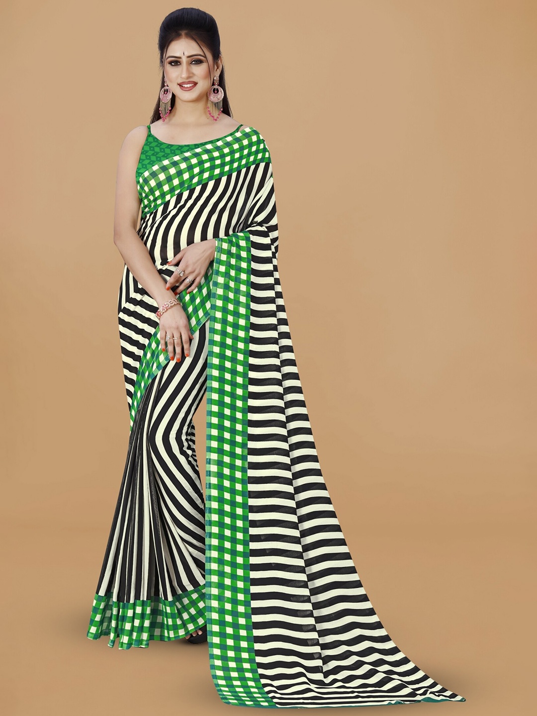 

ANAND SAREES Striped Ethnic Saree, Green