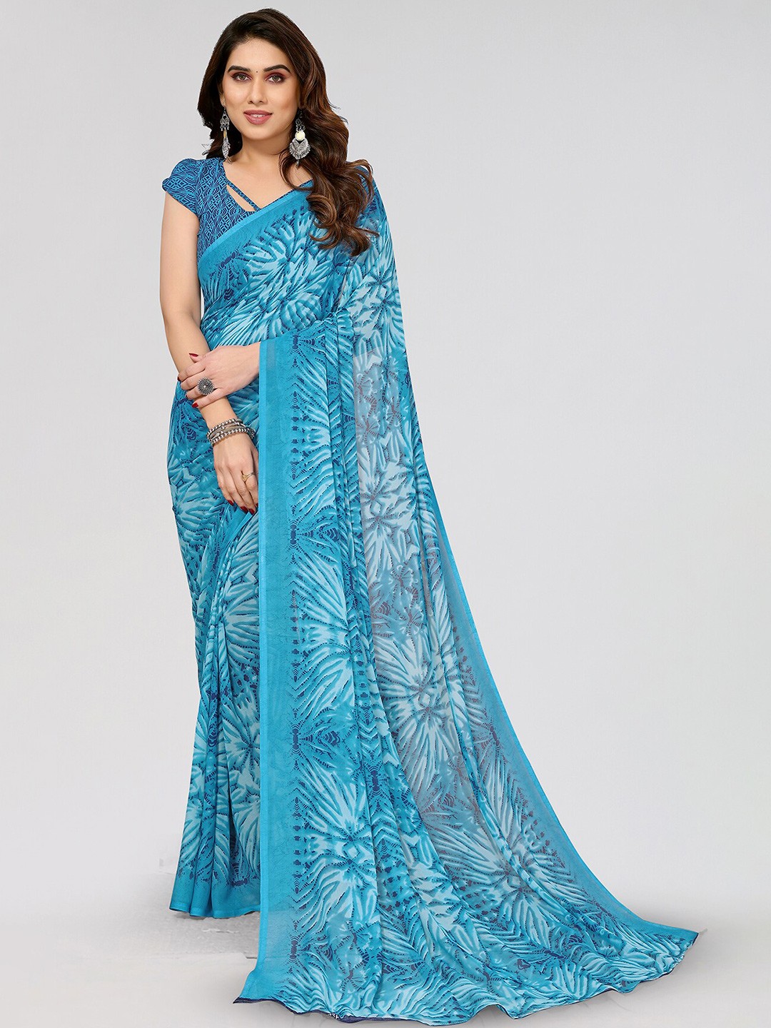 

ANAND SAREES Floral Poly Georgette Saree, Blue
