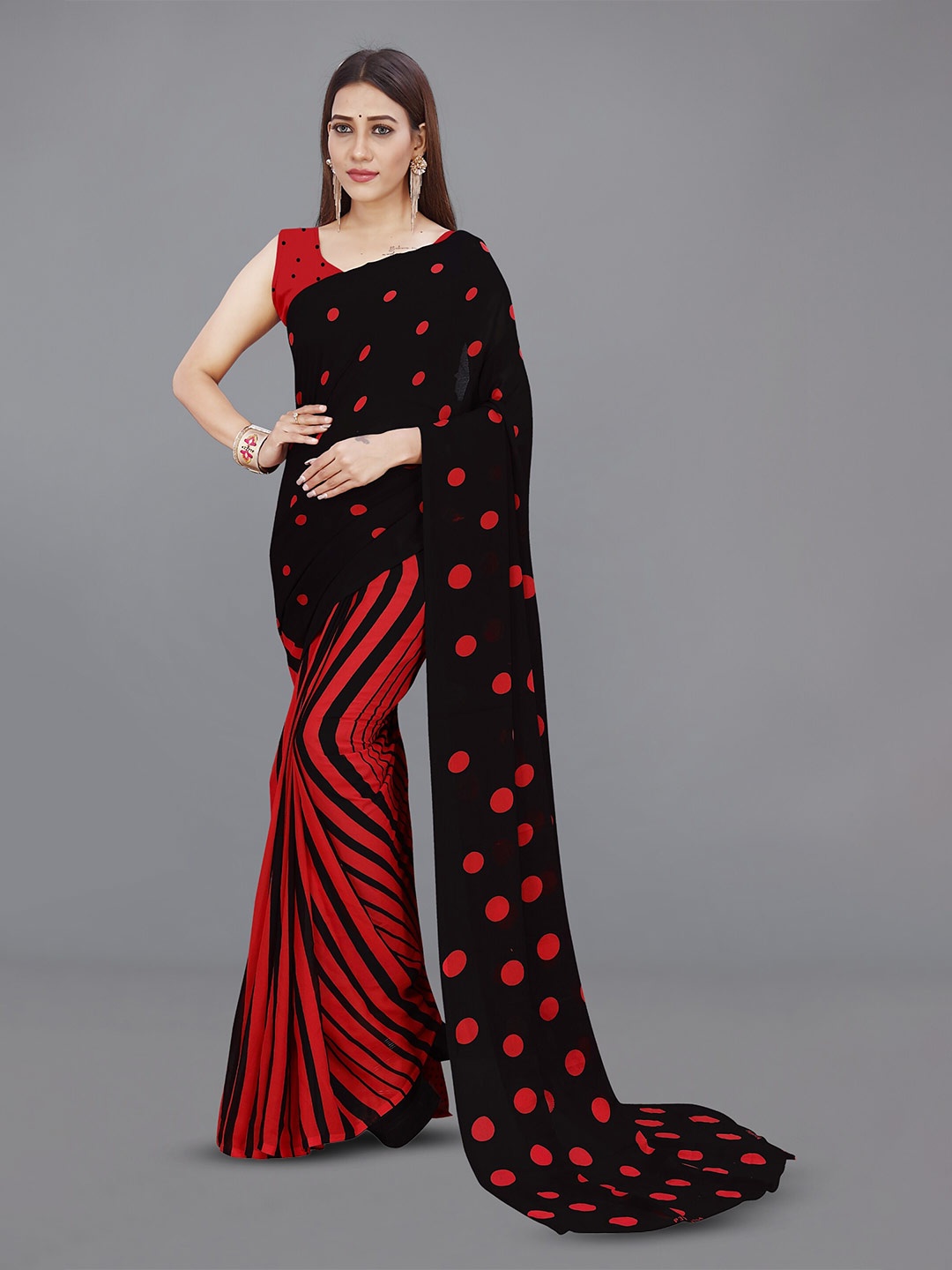 

Moda Rapido Polka Dot Printed Saree, Red