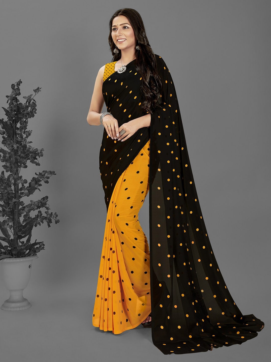 

ANAND SAREES Polka Dot Printed Half and Half Saree, Black