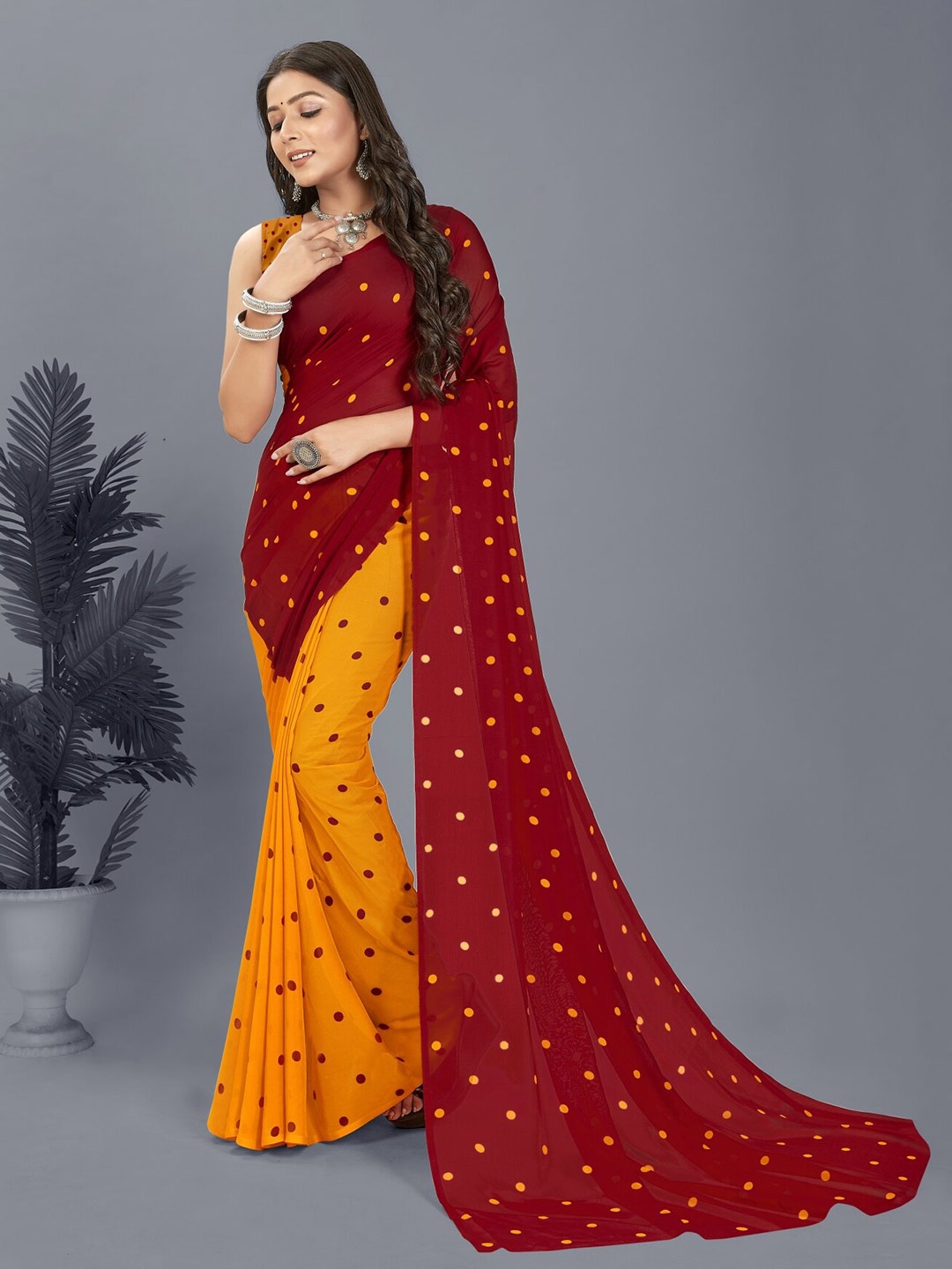 

ANAND SAREES Polka Dot Printed Half and Half Saree, Red