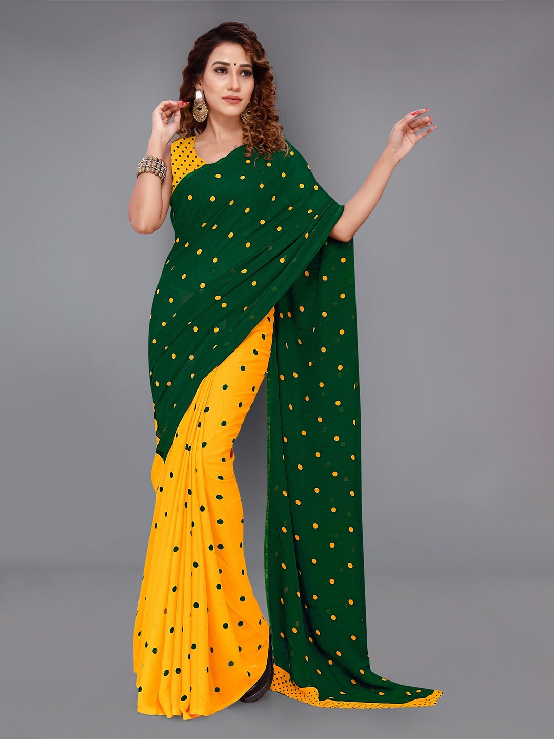 

Moda Rapido Polka Dot Printed Half and Half Saree, Green