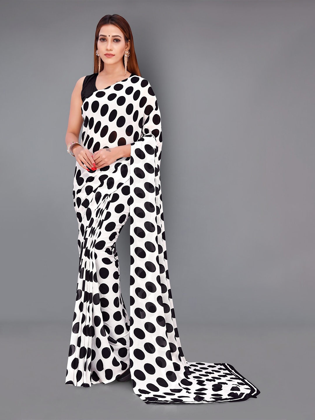 

ANAND SAREES Polka Dot Poly Georgette Saree, White