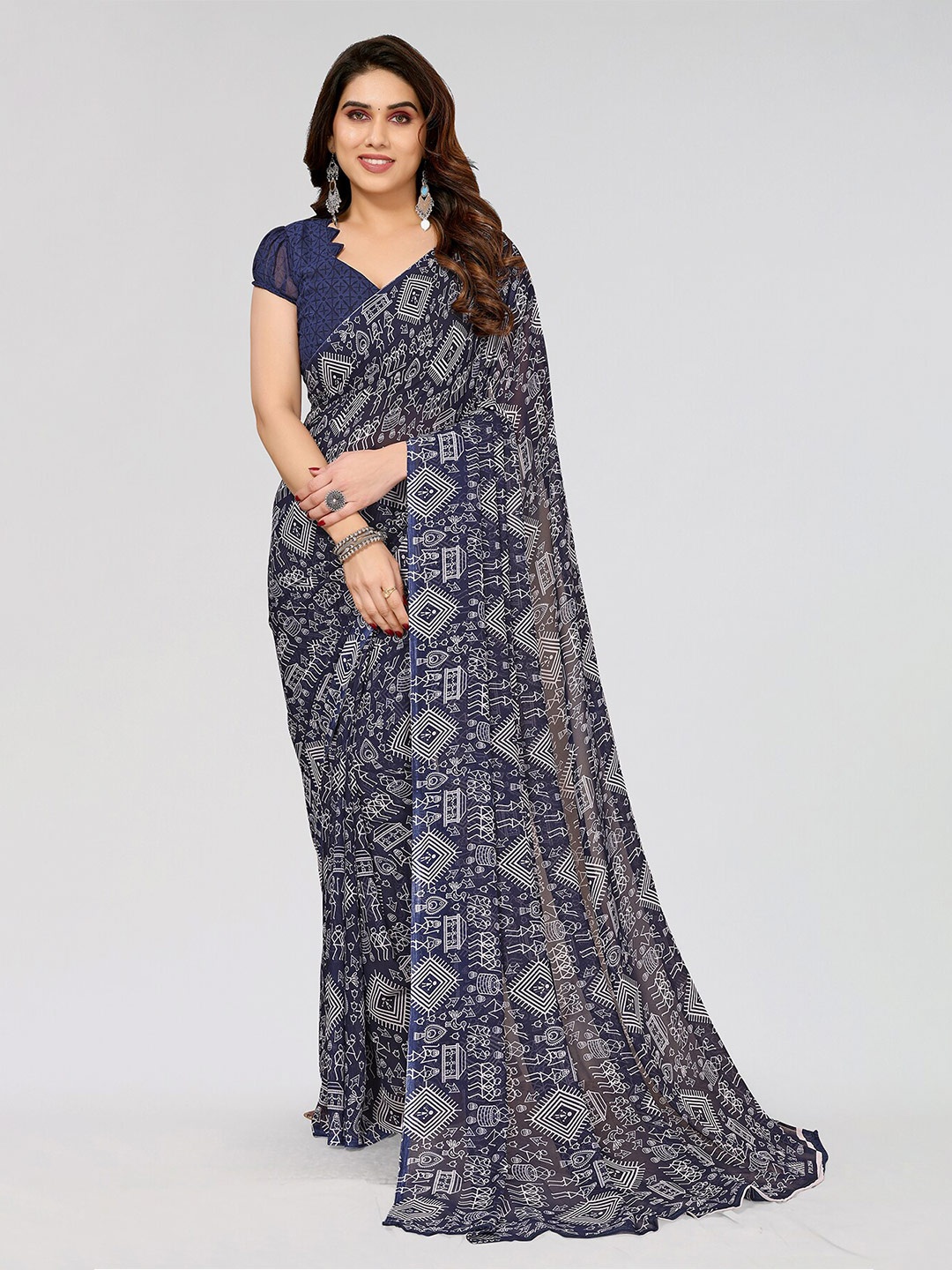 

ANAND SAREES Warli Poly Georgette Saree, Navy blue