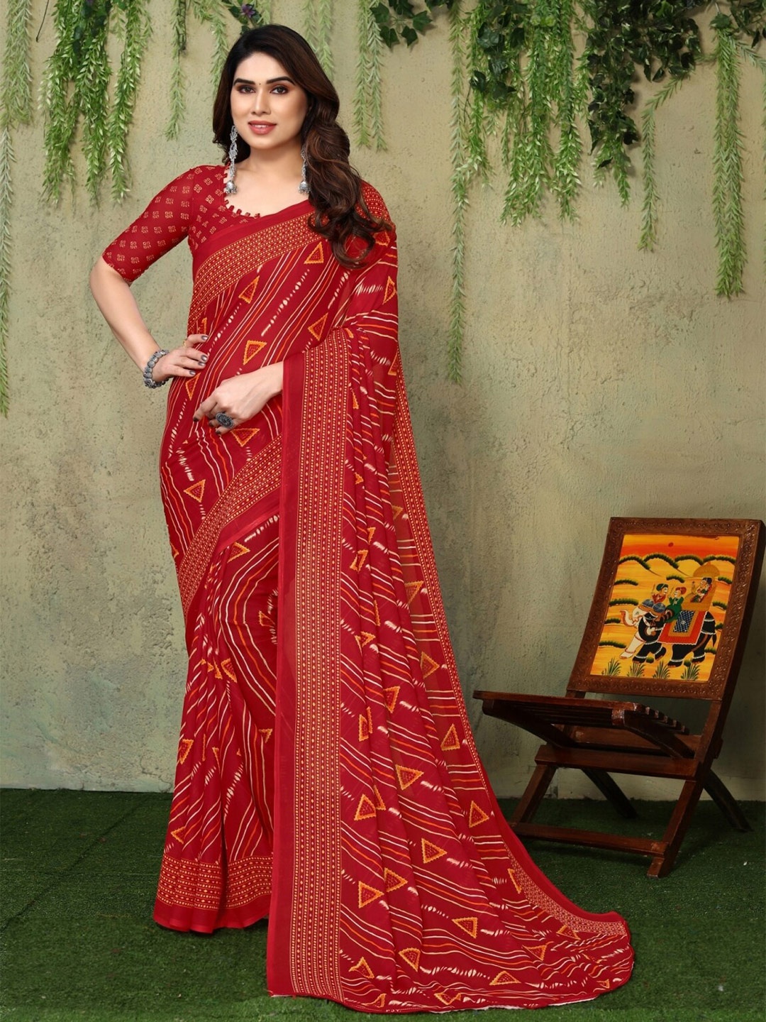 

ANAND SAREES Geometric Printed Saree, Red