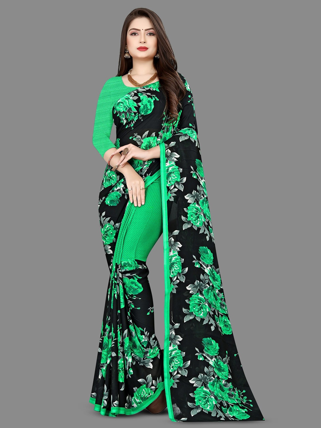 

ANAND SAREES Floral Poly Georgette Saree, Green