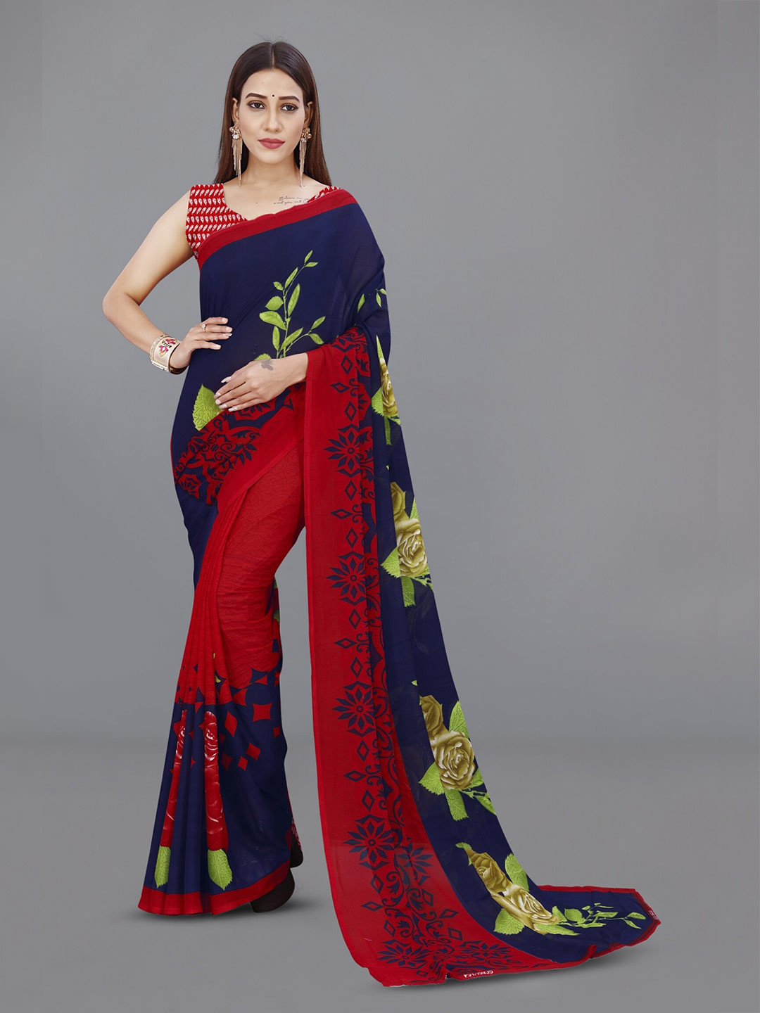 

ANAND SAREES Floral Poly Georgette Saree, Red