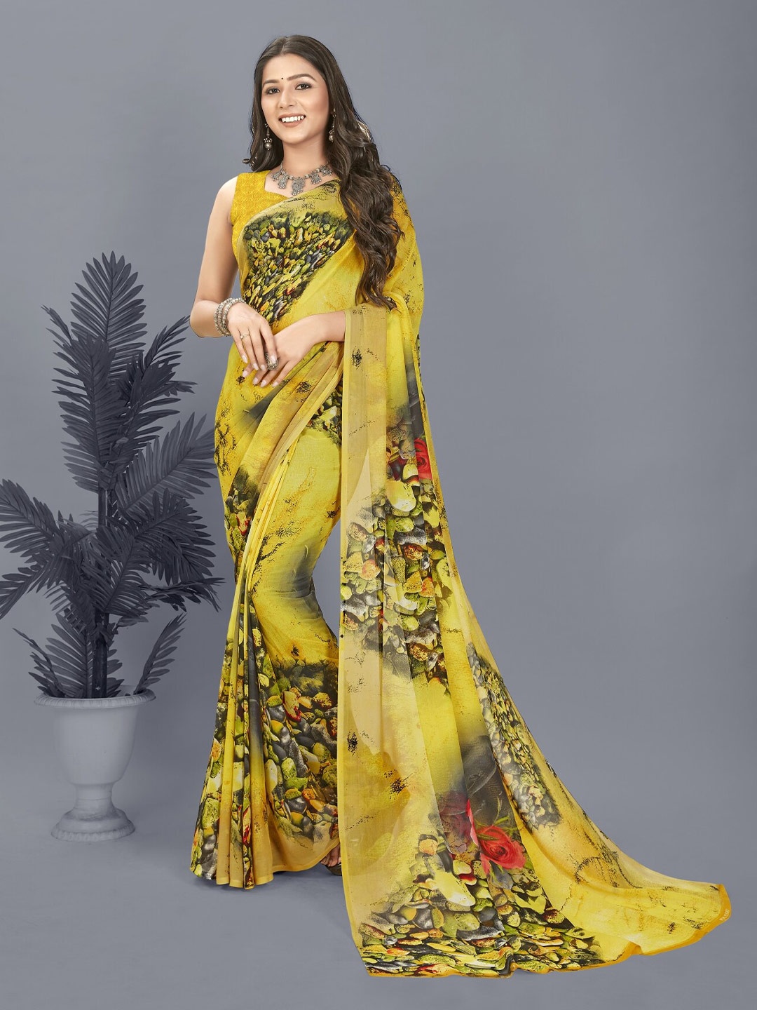 

ANAND SAREES Floral Poly Georgette Saree, Yellow