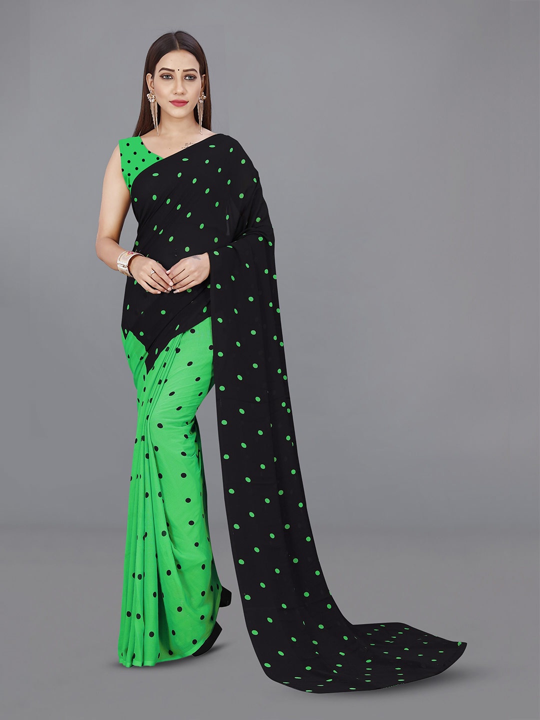 

ANAND SAREES Polka Dot Poly Georgette Saree, Green