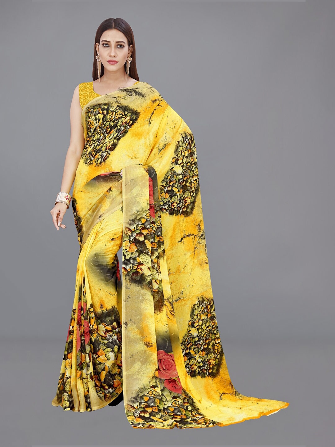 

ANAND SAREES Floral Poly Georgette Saree, Yellow