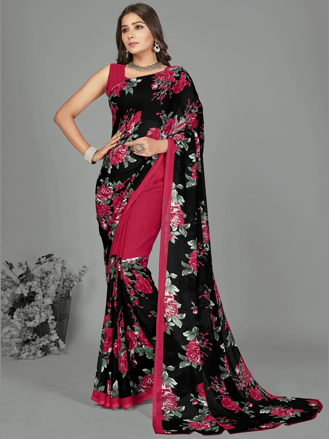 

ANAND SAREES Floral Poly Georgette Saree, Red