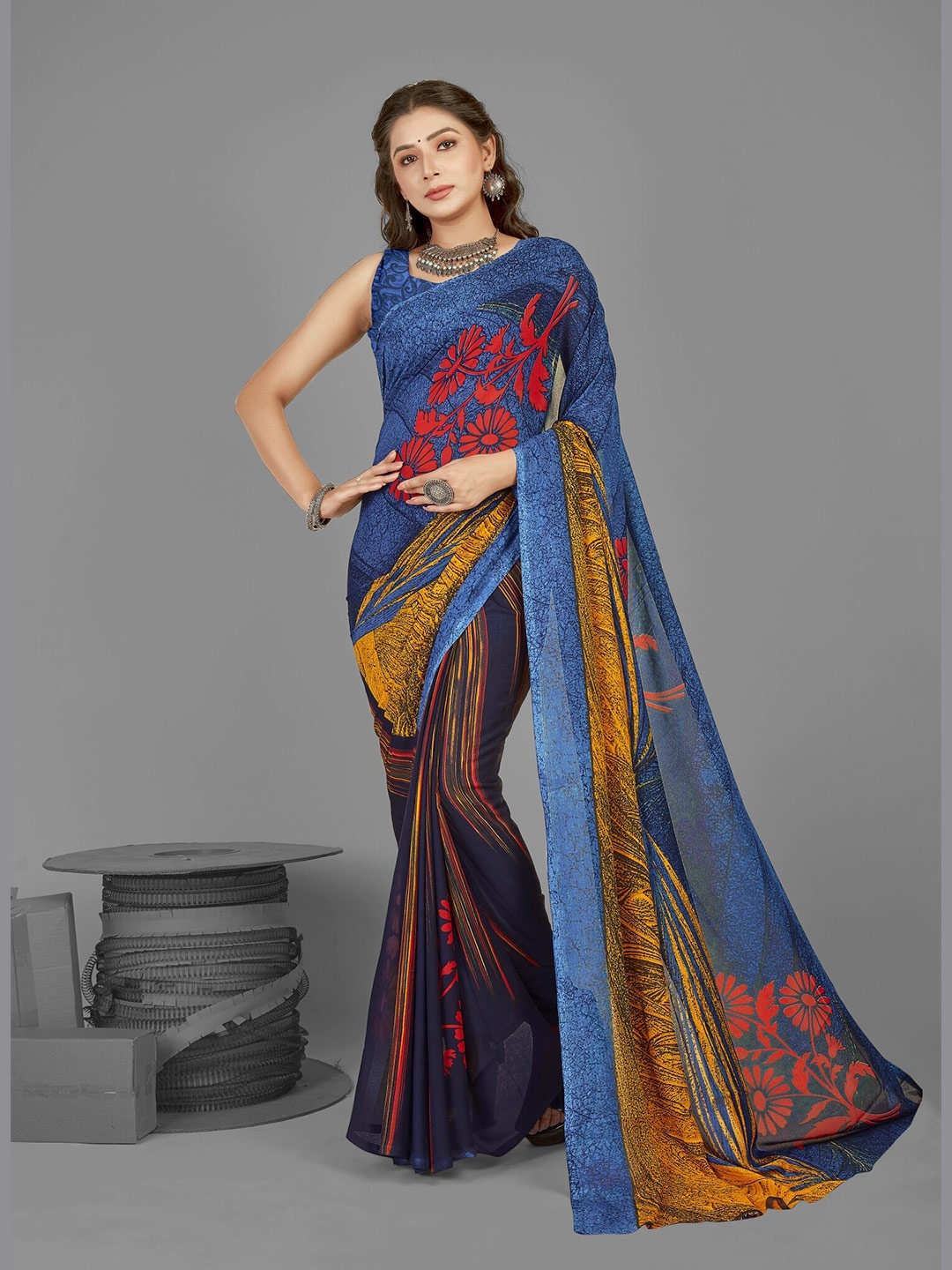 

ANAND SAREES Floral Poly Georgette Saree, Blue