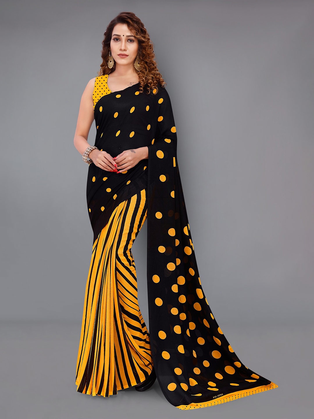 

Moda Rapido Polka Dot Printed Half and Half Saree, Black