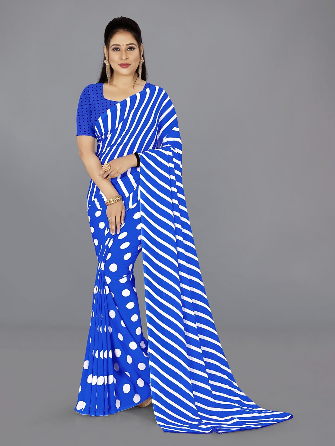 

Moda Rapido Striped Printed Half and Half Saree, Blue