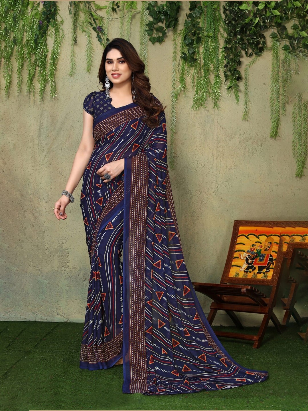 

ANAND SAREES Geometric Printed Saree, Navy blue