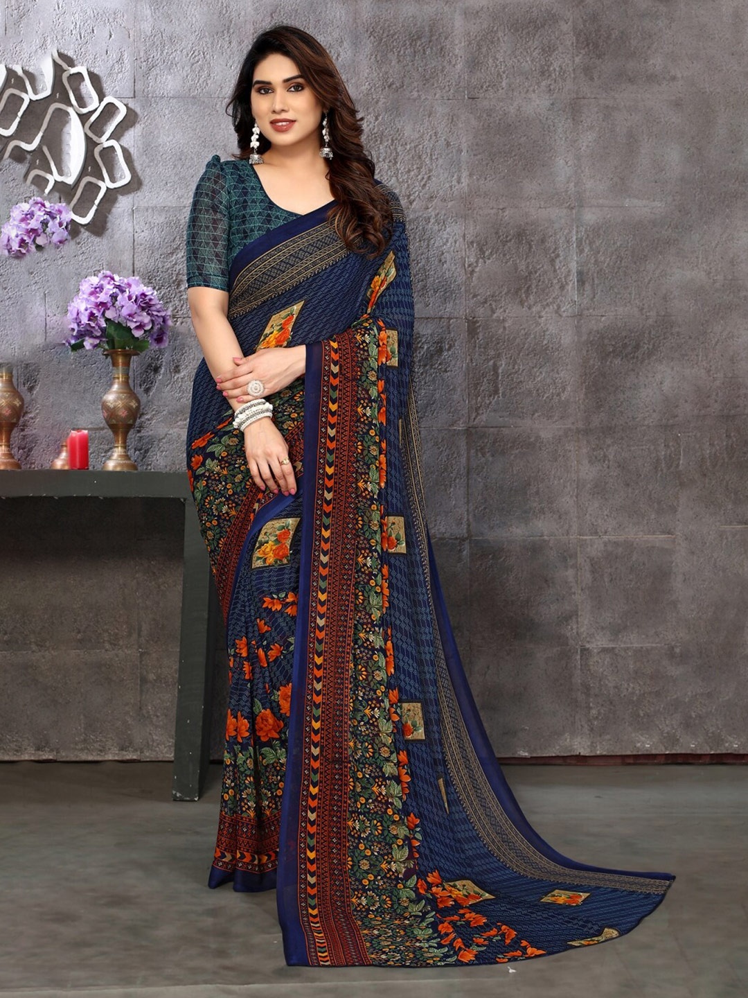 

ANAND SAREES Floral Poly Georgette Saree, Blue