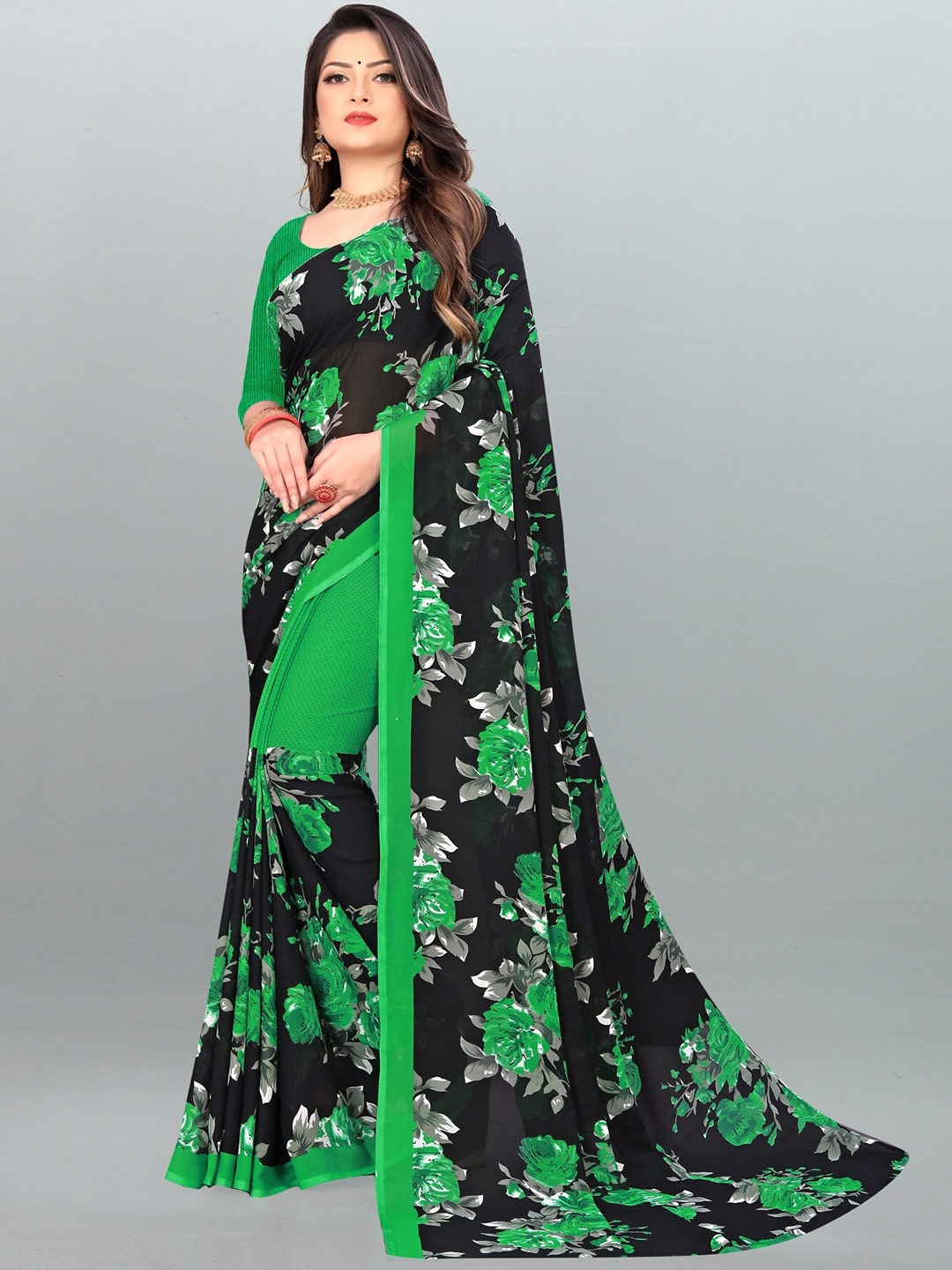 

ANAND SAREES Floral Poly Georgette Saree, Green