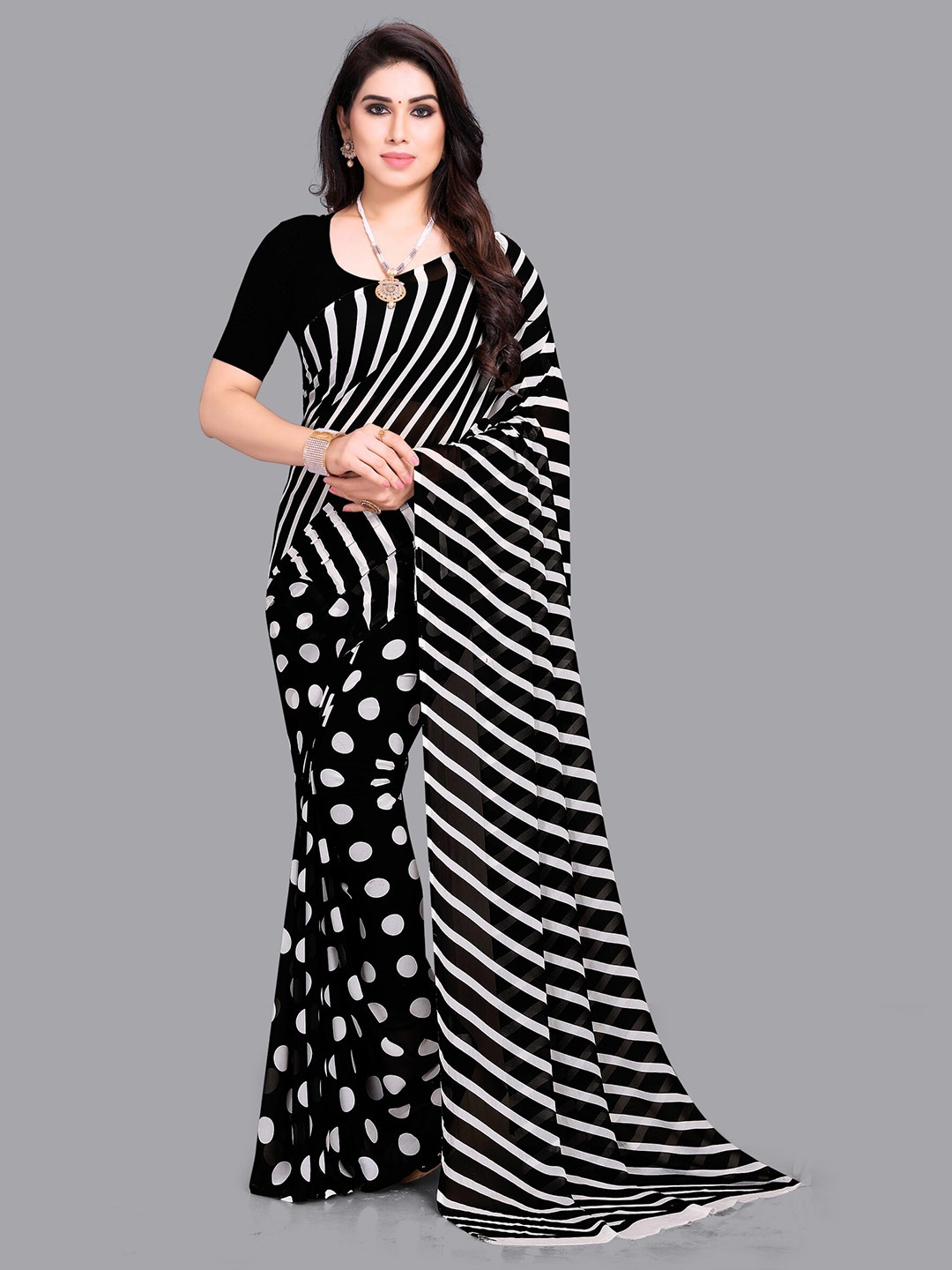 

Moda Rapido Striped Printed Half and Half Saree, Black