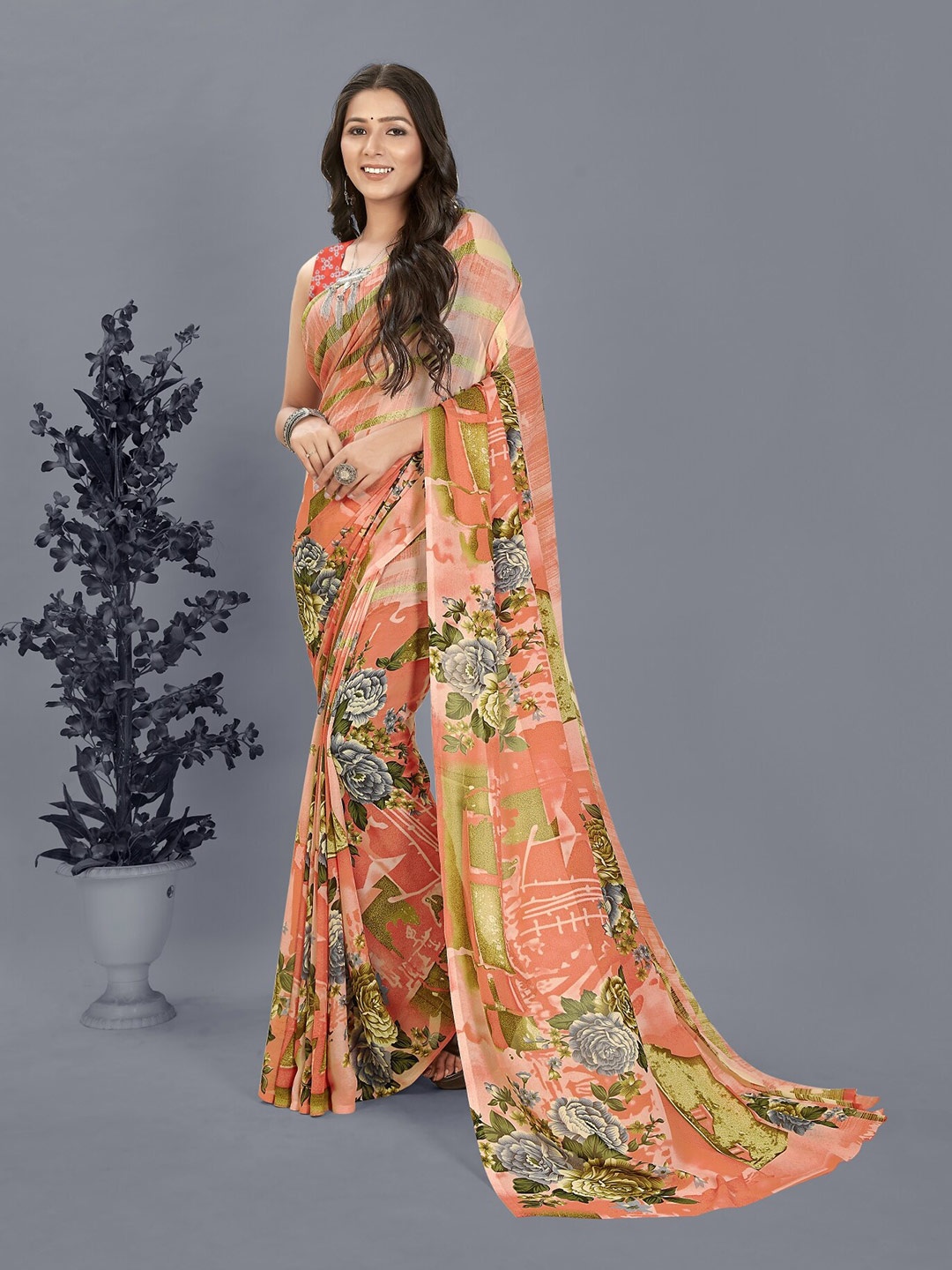 

ANAND SAREES Floral Poly Georgette Saree, Pink