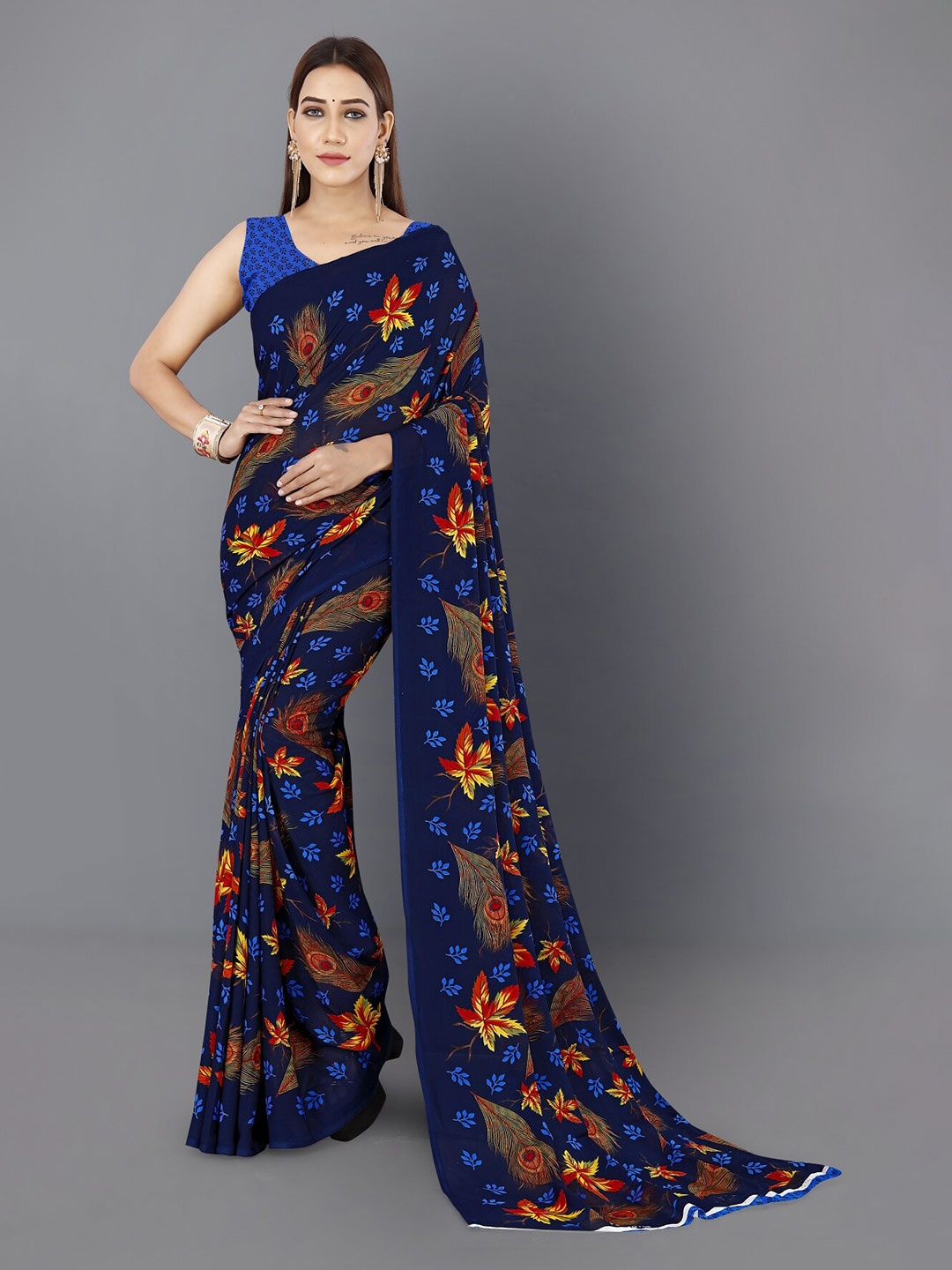 

Moda Rapido Floral Printed Saree, Navy blue