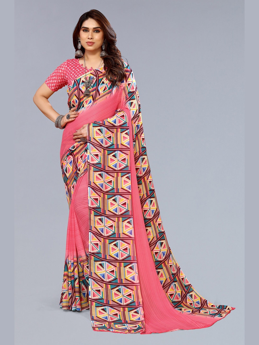 

ANAND SAREES Geometric Printed Saree, Pink