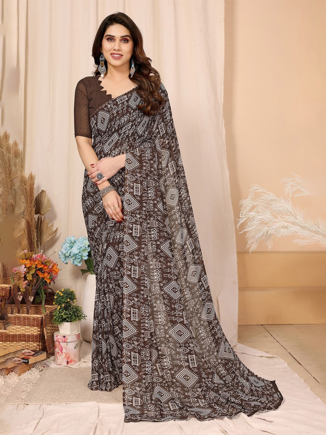 

ANAND SAREES Ethnic Motifs Printed Saree, Brown