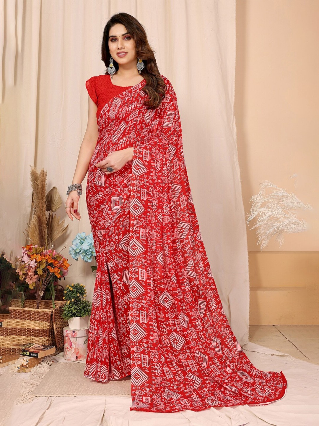 

ANAND SAREES Ethnic Motifs Poly Georgette Saree, Red
