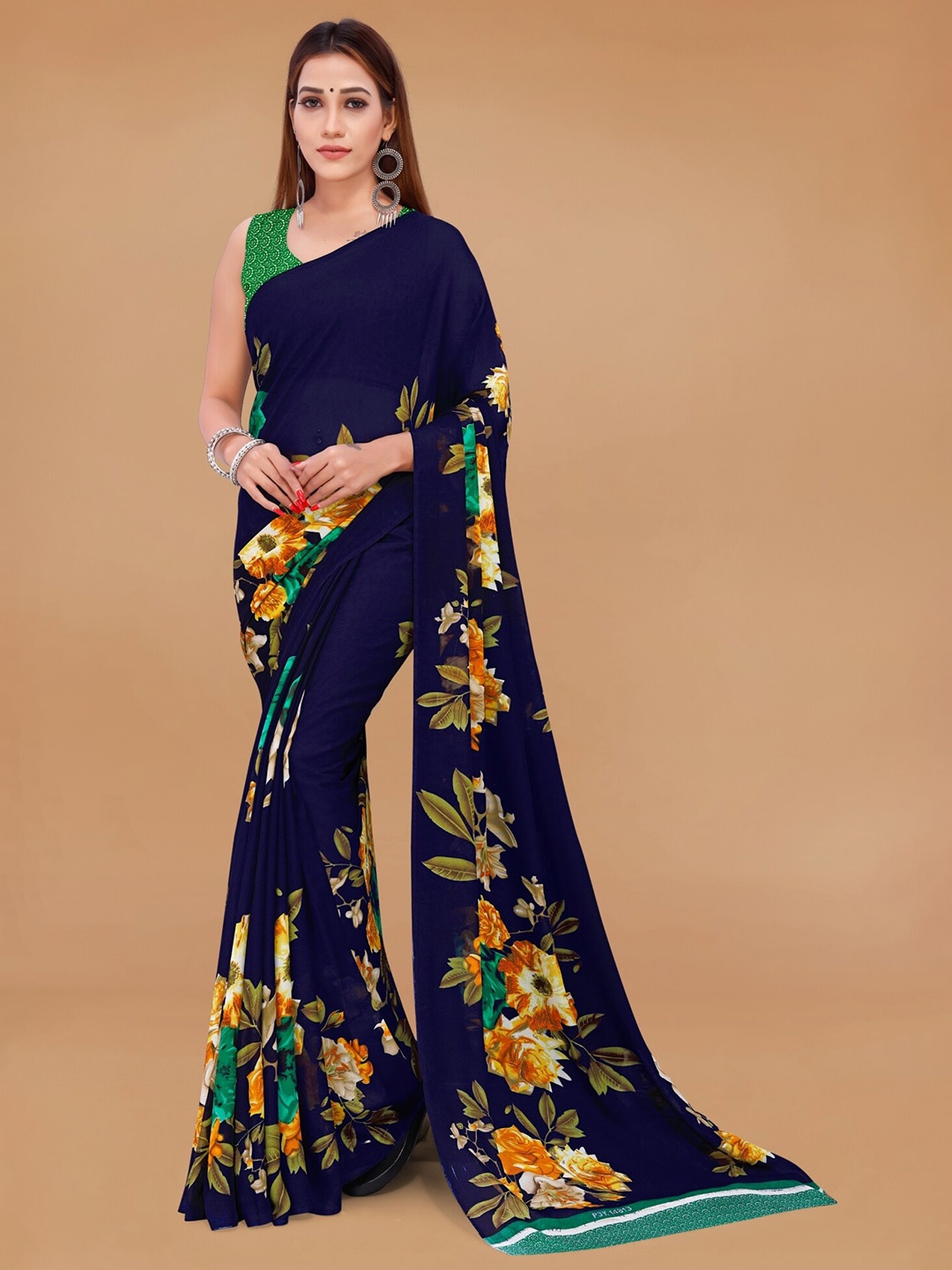 

Moda Rapido Floral Printed Saree, Navy blue