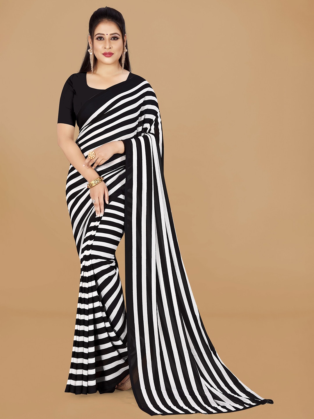 

Moda Rapido Striped Ethnic Saree, Black