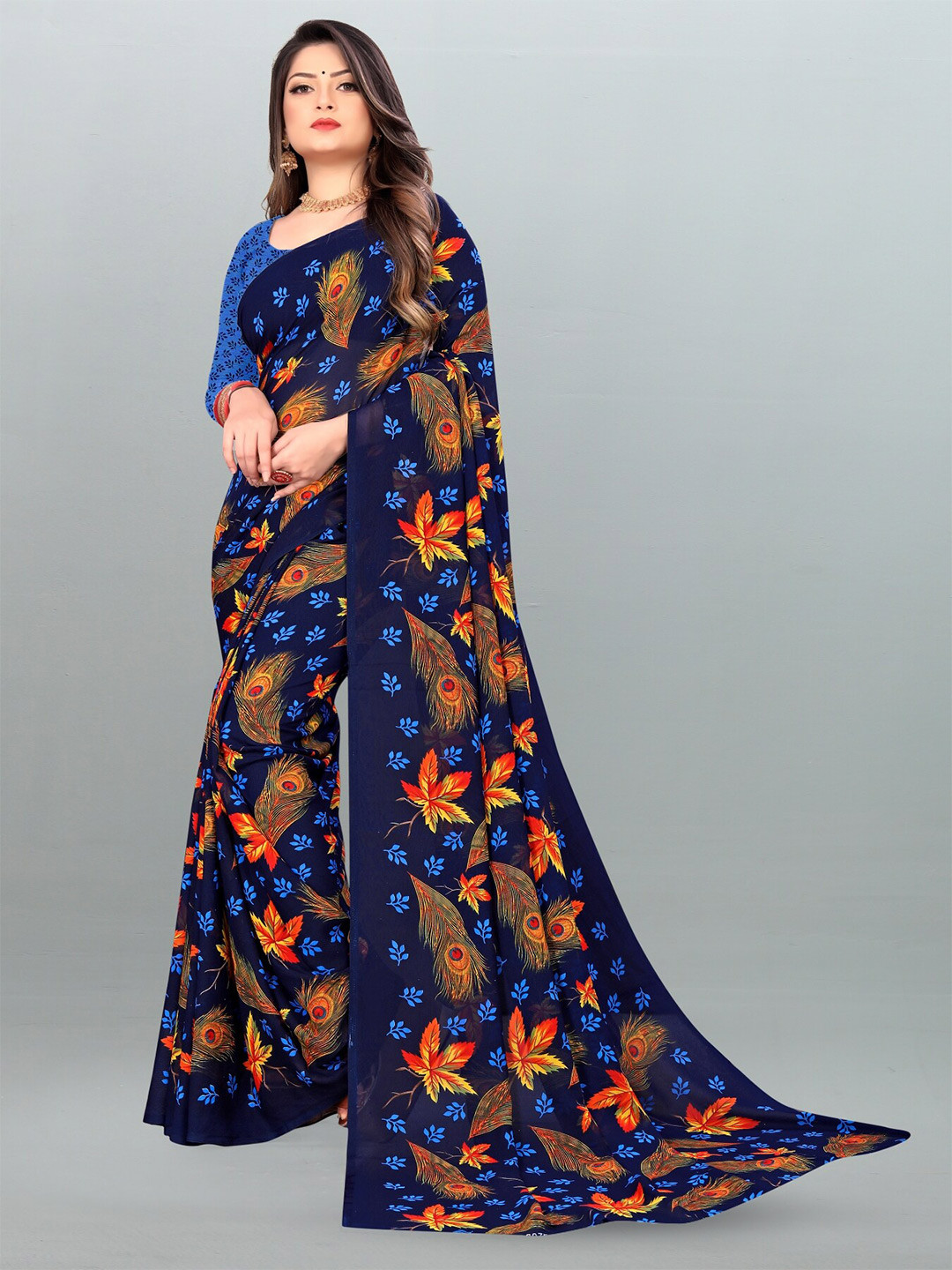 

ANAND SAREES Floral Printed Saree, Navy blue