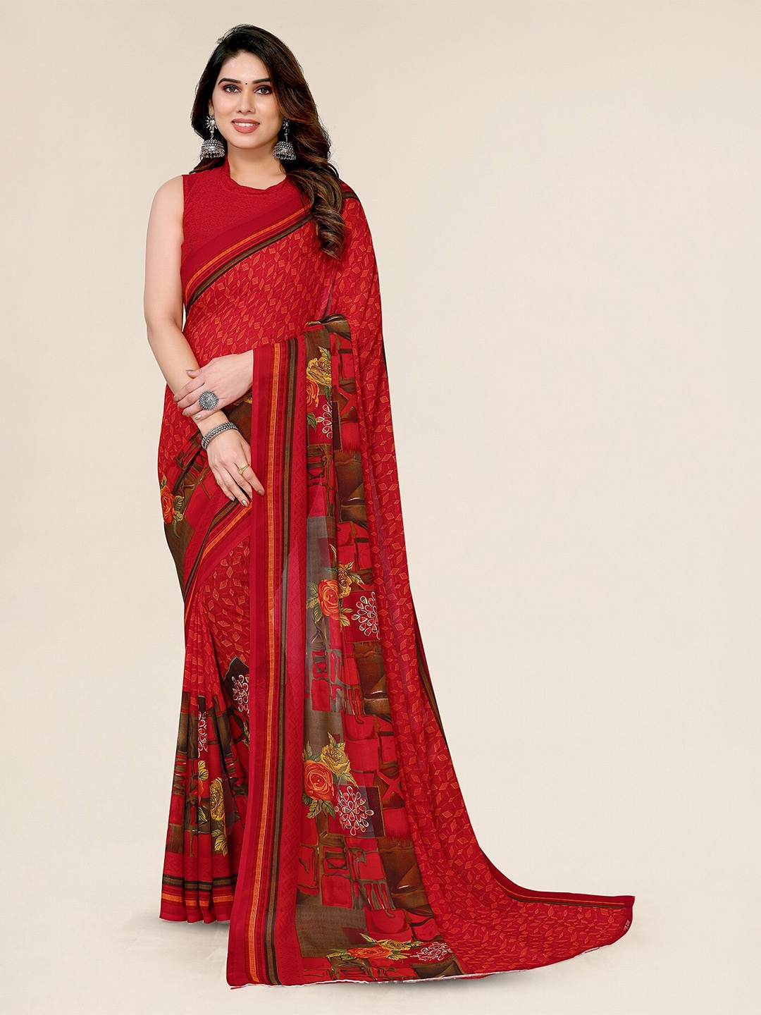 

ANAND SAREES Ethnic Motifs Poly Georgette Saree, Red