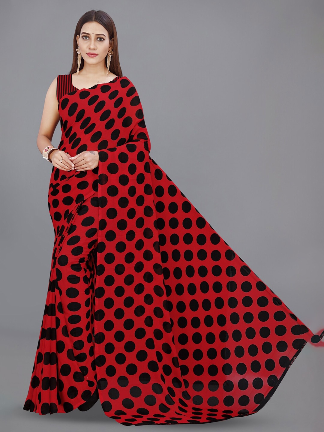

ANAND SAREES Polka Dot Poly Georgette Saree, Red