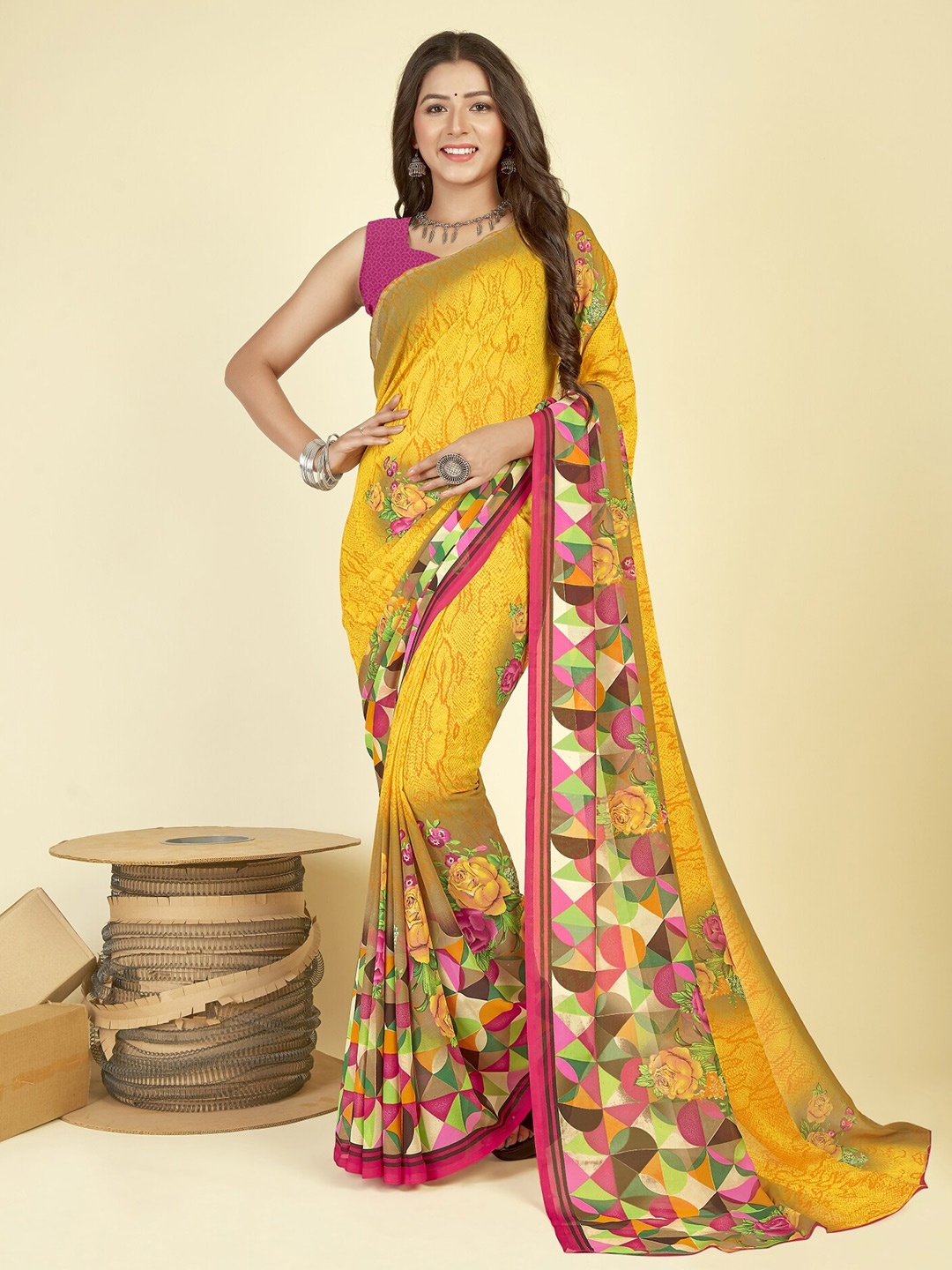 

ANAND SAREES Floral Poly Georgette Saree, Yellow