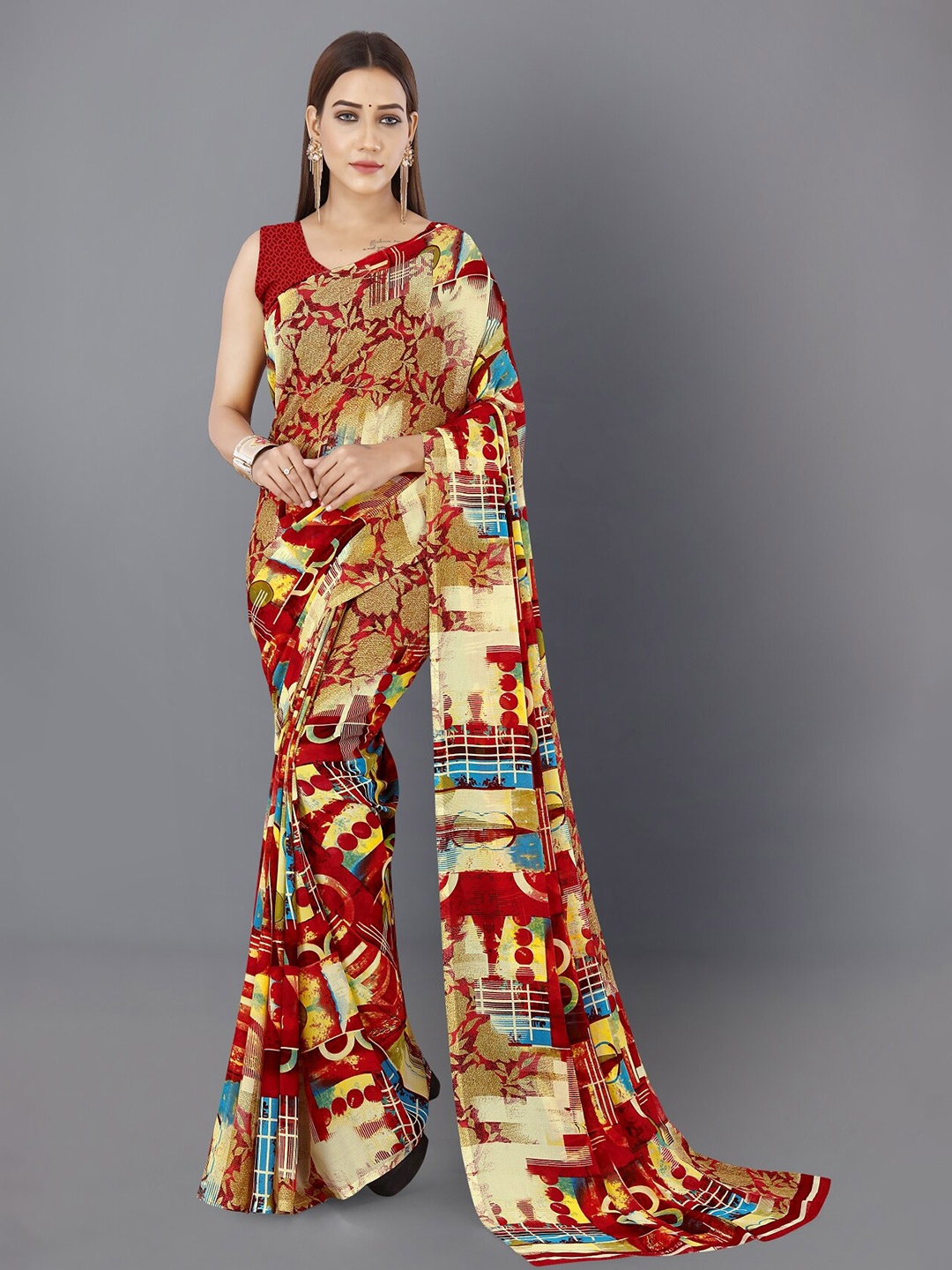 

ANAND SAREES Ethnic Motifs Poly Georgette Saree, Red